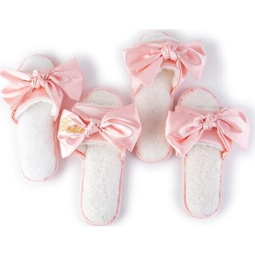 1 Pair Bride Wedding Slipper Home Warm Slippers with Bowknot Velvet Indoor Non-slip Slippers Hen Night Bachelorette Party Gifts