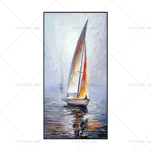 100% Handmade Sunset Ship Sea Painting Modern Art Picture For Living Room Modern Cuadros Canvas Art High Quality