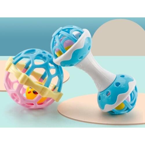 2Pcs/Set Baby Early Educational Toy Newborn Silicone Teether Hand Rattle Bell Soft Grasping Dumbbell Infant Toys 0-24 Months