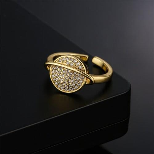 2021 New Arrival Gold Color Copper Planet Shape Geometric Ring Hot Sale CZ Women Finger Ring Statement Party Jewelry Dropship