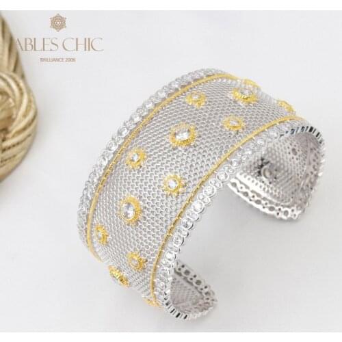 Solid Silver Renaissance Lace CZ Flowers Bangles Honeycomb Airy Wedding Starry Cuff 18K Gold Tone Bridal Bracelet C11B2S25618