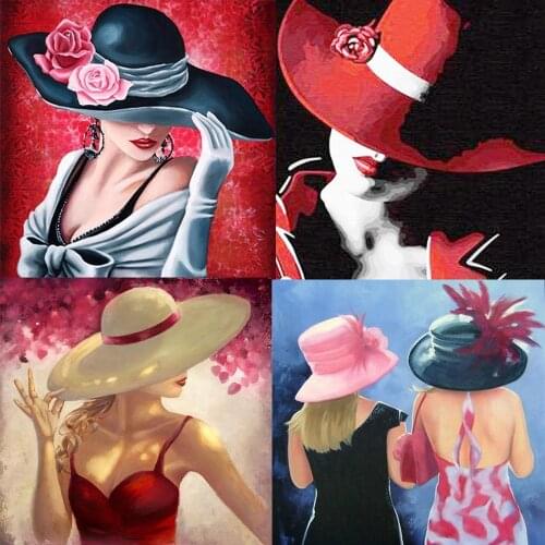 Full Square Round Diamond Painting Pretty Lady In Hat Diamond Embroidery Elegant Woman Cross Stitch Craft Mosaic Art Home Decor