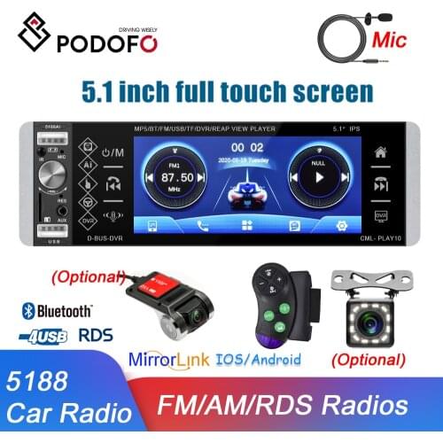 Podofo 5188 1Din Car Radio MP5 Player Bidirectional Interconnection Android Mirrorlink 5.1 Inch Bluetooth Autoradio AM FM Stereo