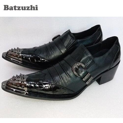 Batzuzhi New Black Men Dress Shoes Leather Pointed Iron Toe Buckle Soft Leather Business Dress Shoes Party Sapatos Masculino, 46