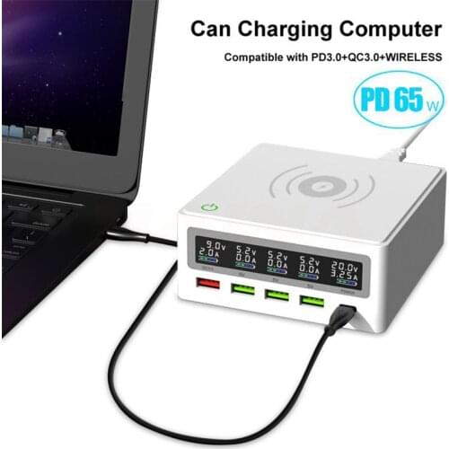 Wireless charger 5 Port USB PD charger 65w travel QC3.0 Power Adapter Qi Wireless Charger LCD Fast Charger For iPhone Samsung