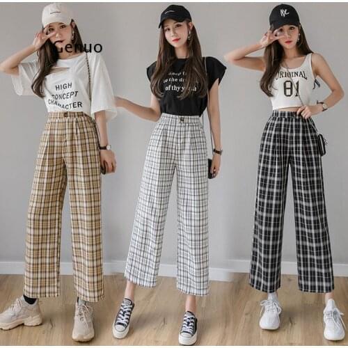 Vintage Plaid Pants Women High Waist Plus Size Wide Leg Casual Female Trousers 2021 Fashion Joggers Clothes Streetwear