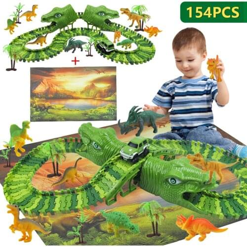 153PCS DIY Jurassic Dinosaur Race Track Electric Car Toy Set + 1PCS Playmat for Kids Children Birthday Christmas Party Gift
