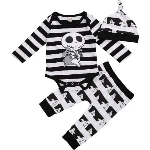 3pcs Newborn Infant Baby Boy Girl Halloween Romper Long Sleeve Striped Jumpsuit +Pants+Hat Set Spring Autumn Clothing 0-24M