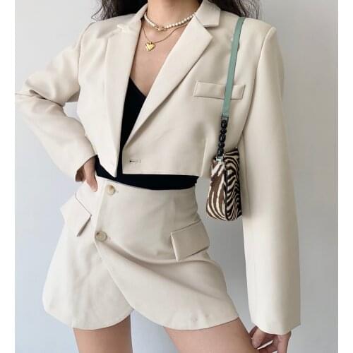 Matching Set Blazer And Skirts Women England Short One Button Crop Tops Jacket Sexy High Waist Mini Slit Skirt Two 2 Piece Suits