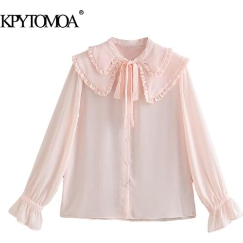 KPYTOMOA Women 2021 Fashion With Bow Tied Ruffled Chiffon Blouses Vintage Double Lapels Long Sleeve Female Shirts Chic Tops