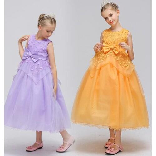 Sweetly Girls Princess Dresses With Bow Embroidery Floral Lace Long Dress Ball Gown Girls Birthday Party Dress Crianca Vestidos