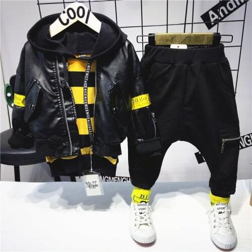 Kids Boys Clothes Sets Child Faux leather jacket + hoodie + pants 3pcs Boys suits Autumn winter Children Clothing sets