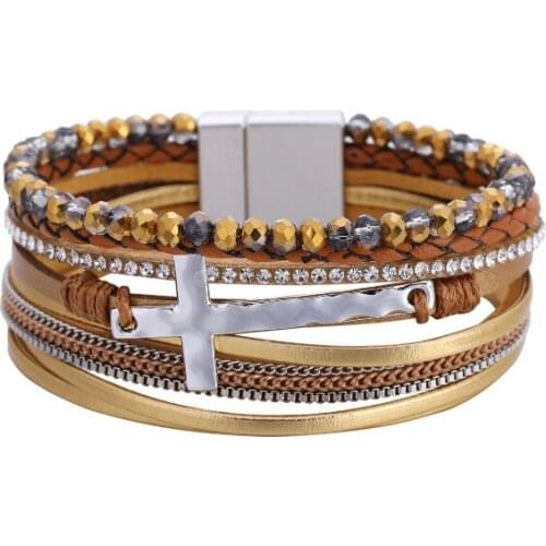ORNAPEADIA Hot Sale Woven Bracelet Female Personality Retro Beaded Cross Multilayer Magnetic Buckle Leather Bracelet Wholesale