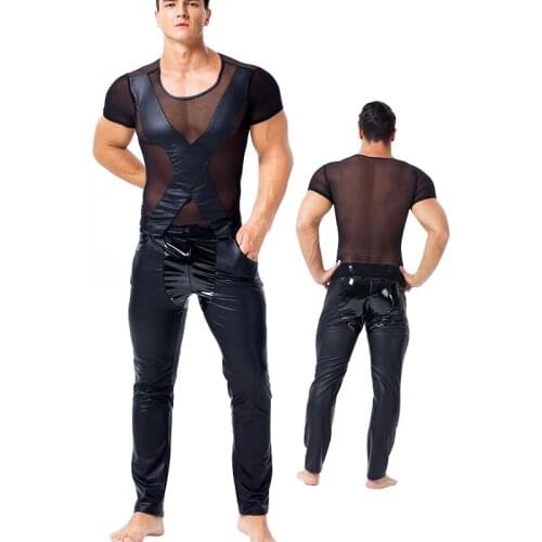 Male Wetlook Underwear See Through Mesh Tops Fetish Gay Clothes Sexy PVC Leather Crossed Decoration Short Sleeve T-Shirt Tees