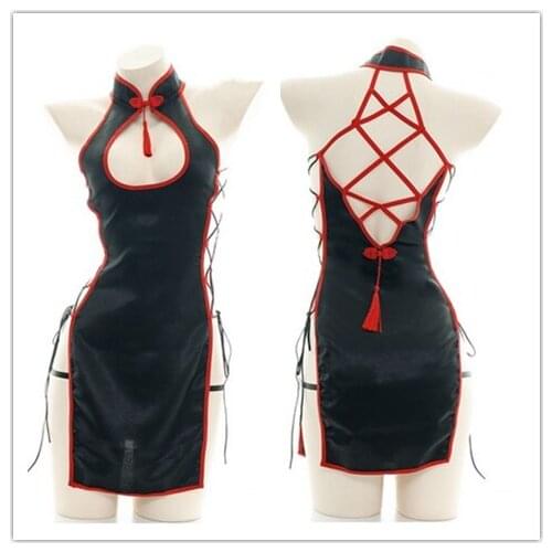 Sleepwear Gothic High Split Backless Lolita Cosplay Nightdress Chinese Style Retro Sexy Women Open Chest Lace-Up Cheongsam Dress