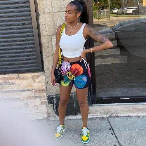 Rainbow Flower Print Summer Beach Shorts for Women High Waist Drawstring Sporty Bottom Active Wear Ladies Running Biker Short