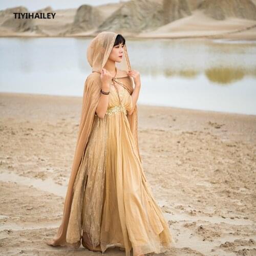 TIYIHAILEY Free Shipping 2020 Vintage Chiffon Cloak Spring Summer Outerwear Hooded Loose Long Maxi Beige Witch Cardigan Lace