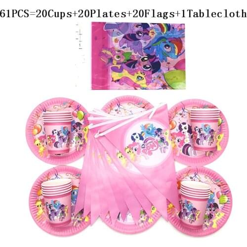 Party Supplies 61Pcs/31Pcs My Little Pony Cartoon Theme Tableware Boy Birthday Plates Cups Flags Tablecover Decorations Supply