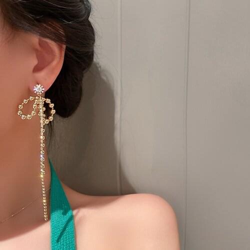 U-Magical Statement Gold Color Metallic Round Bead Dangle Earring for Women Long Tassel Rhinestone Bowknot Earring Jewellery