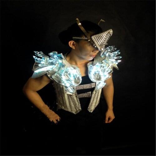 WX42 Men ballroom dance led light costumes stage show wears shoulder luminous colorful outfit dress cloth dj helmet robot suit