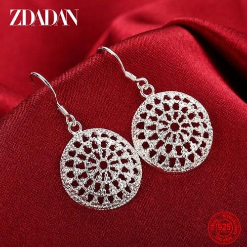 ZDADAN 925 Sterling Silver Hollow Round Drop Earrings For Women Charm Engagement Jewelry Party Gift