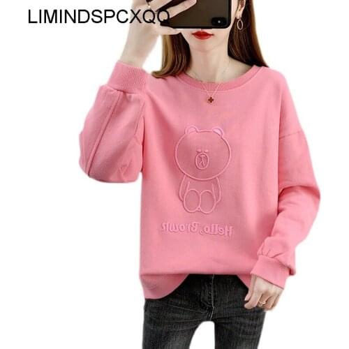 Women Loose Cotton Casual Sweatshirt Pullovers 2021 Long Sleeve Crewneck Cartoon Jumper Coats For Students Spring Autumn Thin