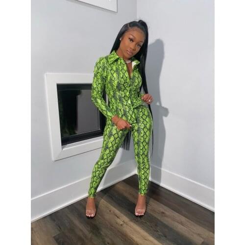 2020 women spring fashion new sexy street style sets long sleeve lapel zipper top elastic long pants snake grain two piece sets