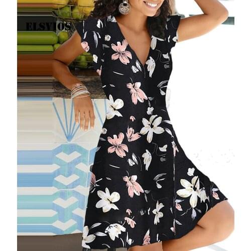 Spring Summer 2021 New Casual Floral Print V Neck Pullover A-line Dress Fashion Short Sleeves Elegant Office Lady Party Vestidos