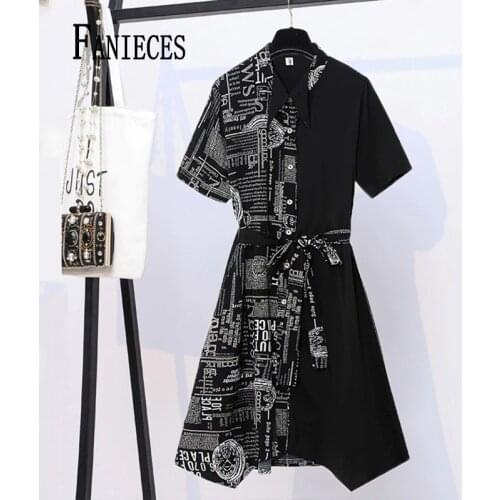 FANIECES England Style OL Dress Black Print Patch Turn Down Collar Short Sleeve Tunic Shirt Dresses For Women Summer Vestidos