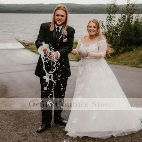 Plus Size Lace A Line Wedding Dress Applique Scoop Romantic Bride Gowns Custom Vestidos De Novia