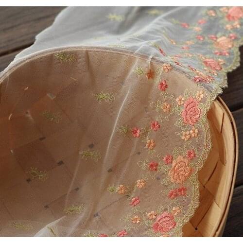 2 Yards Lace Trim Orange Pink Floral Embroidered Ivory Tulle Lace 7.87 Inches Wide