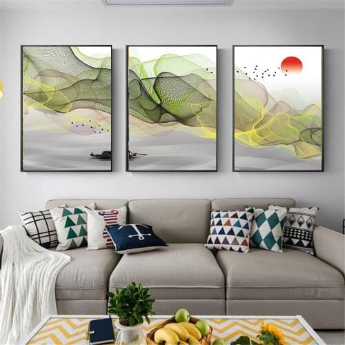 3 Piezas Abstract Wall Art Line Sun Bird Boat Poster Modern Minimalist Landscape Cuadros Decorativos Living Room Decoration