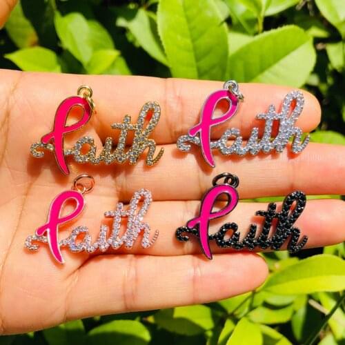 5pcs FAITH Word Charm for Bracelet Making Letter Pendant Necklace Bangle Pink Ribbon Breast Cancer Awareness Keychain Accessory