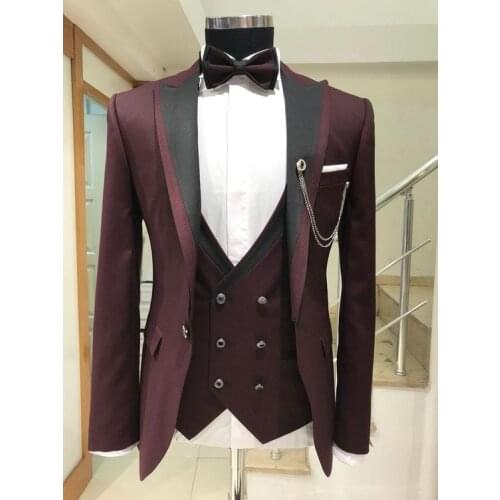 Shiny Burgundy 3 Pieces Men Suit Formal Wedding Groom Suit Pants Slim Fit Tuxedo Prom Party Best Man Blazer Costume Homme 2020