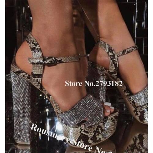 Bling Bling Charming Open Toe Snake Leather High Platform Rhinestone Chunky Heel Sandals Ankle Strap Crystal Thick Heels Sandals