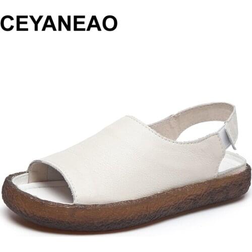 CEYANEAO2019 New Summer Genuine Leather Women Flats Sandals Casual Slip On Summer Shoes Woman Retro Female Sandals ShoesE1886