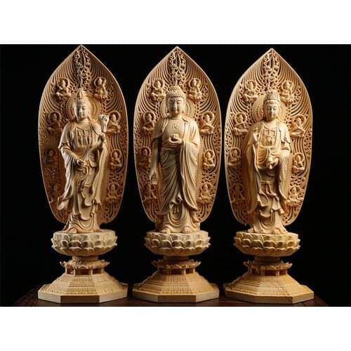 42cm 1PC Western Three Buddha Cypress Wood Statue Feng Shui Buddha Hall Worshiping Amitabha Guanyin Bodhisattva Home Decor