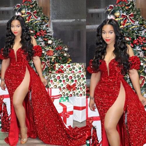 Long Red Evening Dress Sexy High Slit Off Shoulder Dubai Women Sequin New Arrival Formal Gowns