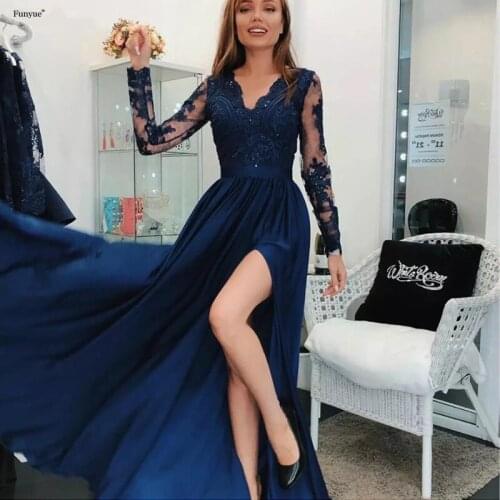 Elegant Nave Blue Long Sleeve Evening Dress 2021 New Arrival V-Neck Side Split Satin Evening Party Gown Vestidos De Fiesta