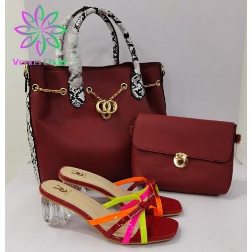 Italian Design Nigeiran 2021 Newest Colorful Crystal Style Elegant Wine Color Party Wedding Ladies Shoes and Bags Set