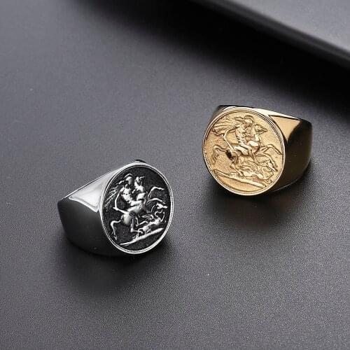 Valily Cool Mens Horse Ring Stainless Steel Ring Gold Color Rome Soldier Rings Fashion Animal Jewelry for men Bague Homme