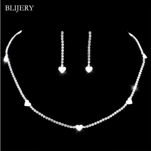 BLIJERY Bridesmaid Bridal Crystal Jewelry Sets Silver Color Rhinestone Heart Necklace Earrings Set for Women Wedding Jewelry