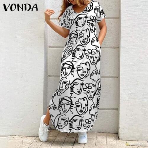 Summer Maxi Dress 2021 VONDA Holiday Sundress Women Vintage Short Sleeve Printed Dress Casual Loose Vestidos Oversized Robe