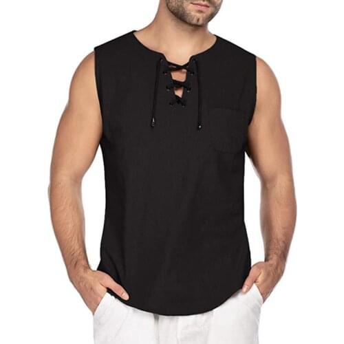 Mens shirt Casual Summer Men Solid Color Sleeveless V Neck Bandage Pocket Vest Shirt Oversize Tank Top Men Clothing 5 Colors