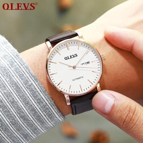 OLEVS Brand Men’s Automatic Mechanical watches Switzerland Wristwatch Business Waterproof Leather and Mesh Strap Mens Watch