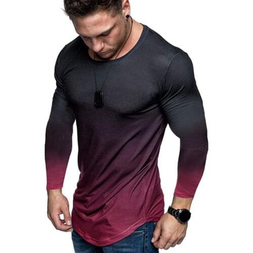 Mens T-Shirts Gym Gradient Color 3D Printed T-Shirts Quick Dry Compression Long Sleeve Shirt Fitness Tight Tee Tops For Male
