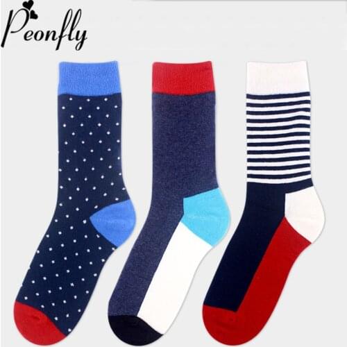 Peonfly Medias 1pair Casual Comfortable Men Colorful Geometric Stripes Dots Print Medium Long Crew Cotton Socks
