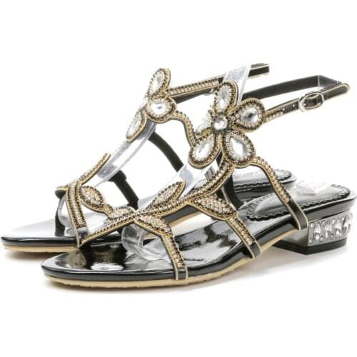 2019 New Cute Girl Flat Shoes Black Rhinestone Flower Pattern Wild Shoes Flat Sandals