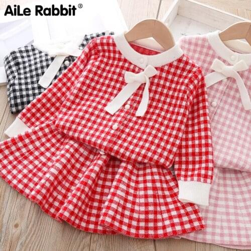 2019 Autumn New Girls Sweater Set Long Sleeve Plaid Jacket Skirt 2 Piece Set Elegant Lady Style Winter Warm Jacket For Princess