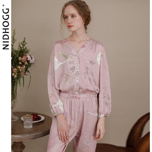 Womens Satin Clock Printing Pajamas Autumn Long Sleeve Pants Sleepwear V-Neck Casual Pijama Mujer Viscose Two Piece Lounge Wear